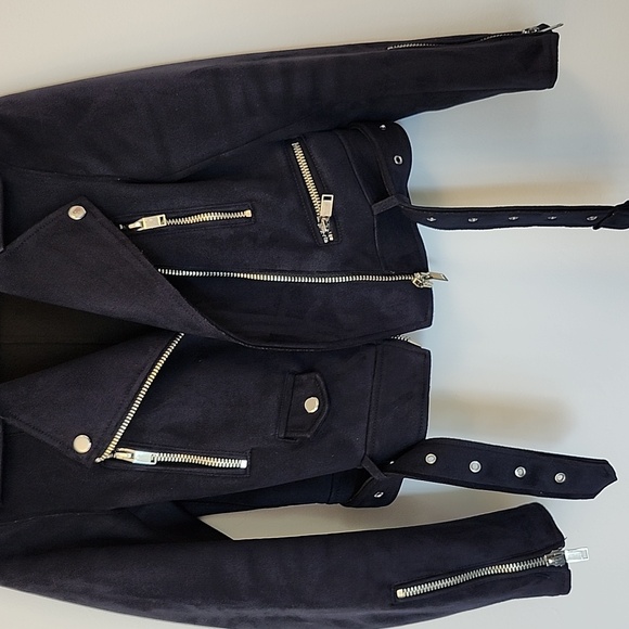 Zara basic navy Faux suede multi zip moto style cropped jacket size S - Picture 3 of 8